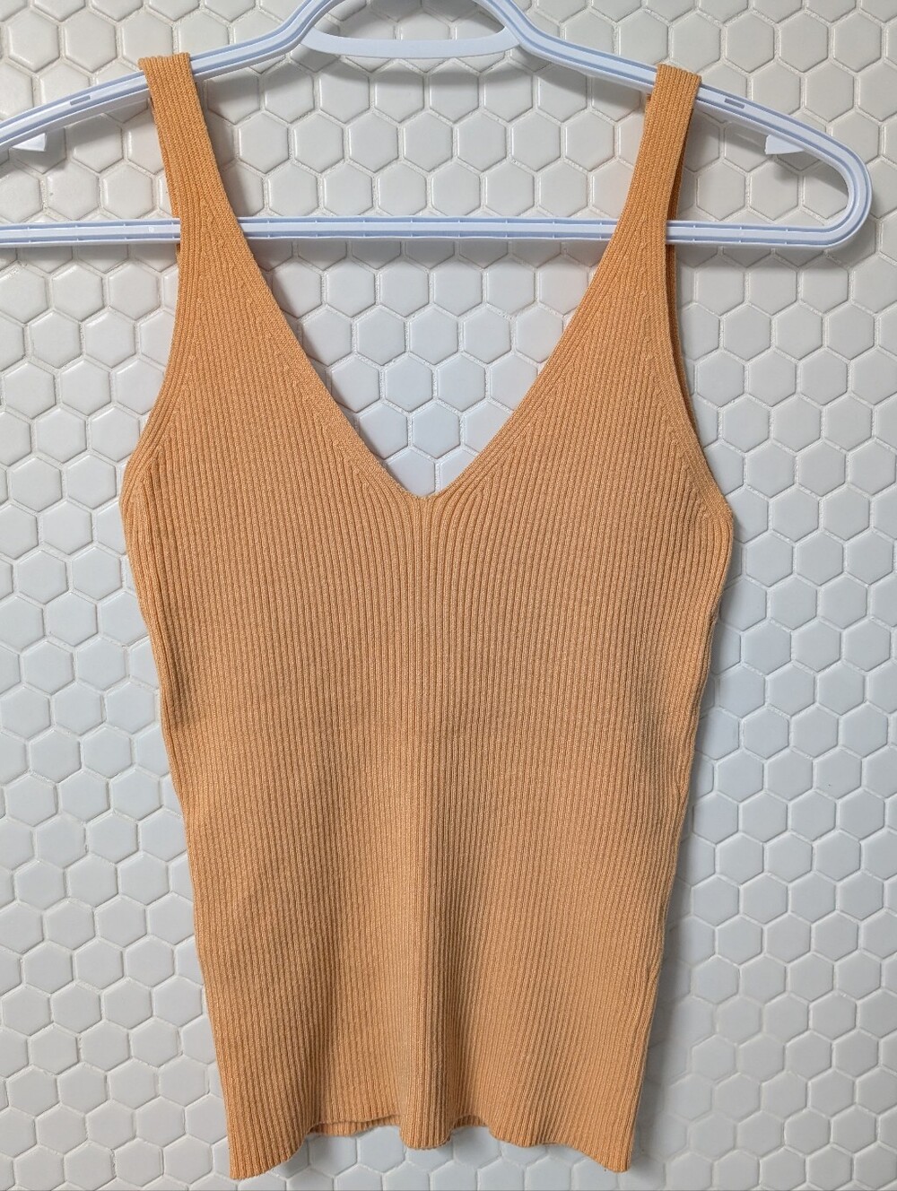 Mango Ribbed Knit V-Neck Top, Peach - Picture 2 of 6